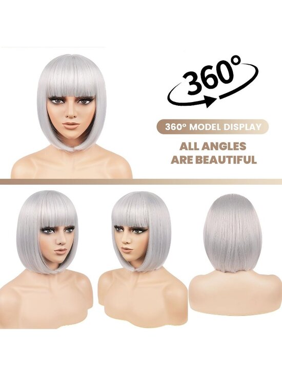 Women Silver Heat Resistant Synthetic Bob Party Neon Wig Bangs 12 Inch main image 7